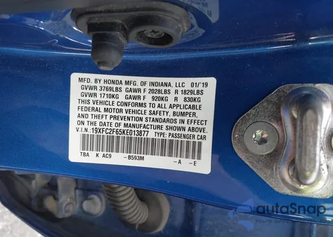 2019 Honda Civic Lx из США, поврежденный, VIN 19XFC2F65KE013877